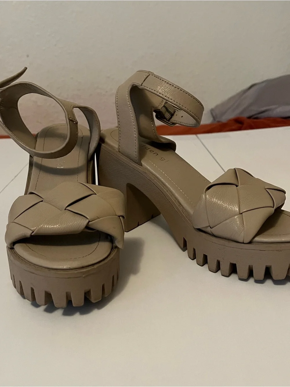 Chunky Woven Platform Sandals in Beige - Madden Girl